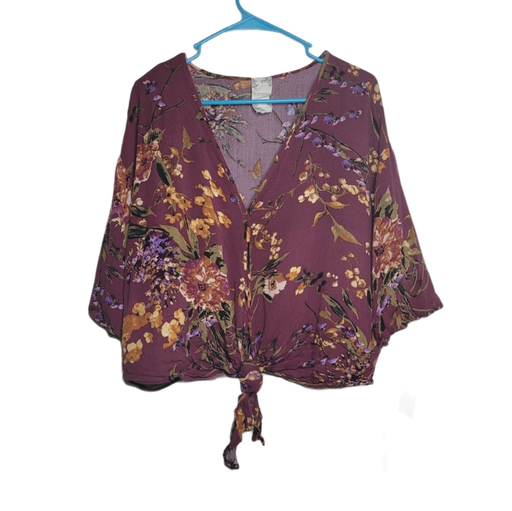 Blu Pepper Eggplant Floral Tie-Waist Top Large